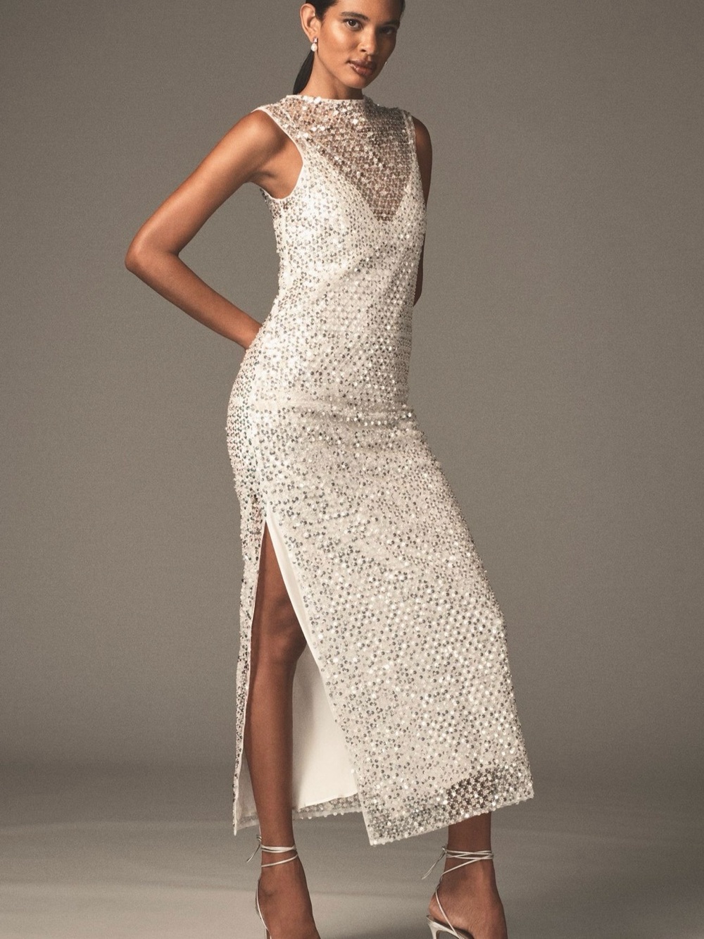 Shona Joy Ivory Sequin Sheer Yoke Midi Dress